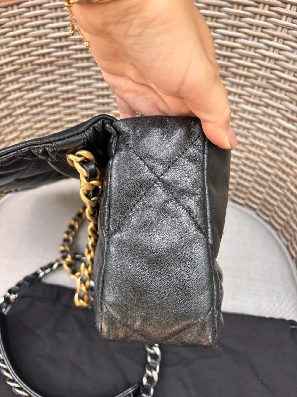 Authentic CHANEL 19 quilted Shiny lambskin gold silver medium crossbody